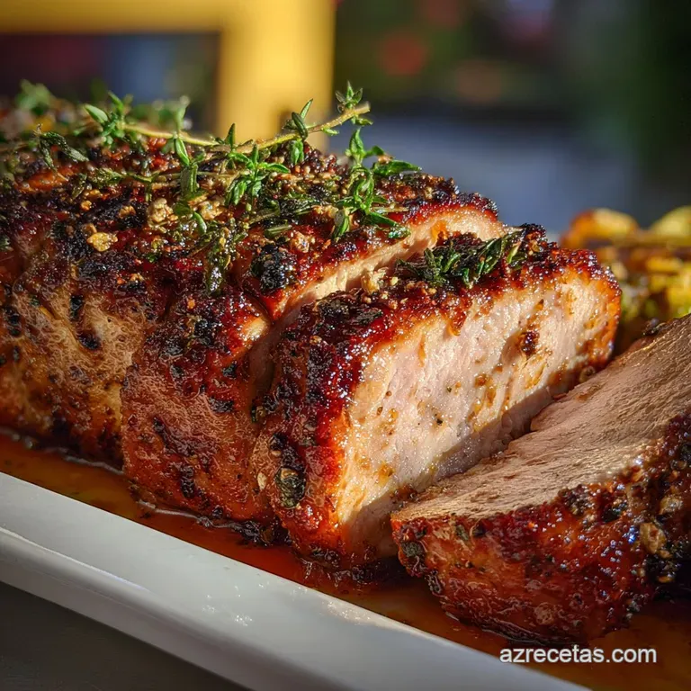 Tender pork slices drizzled with pan sauce. A bright green parsley sprig provides a contrasting, fresh garnish.