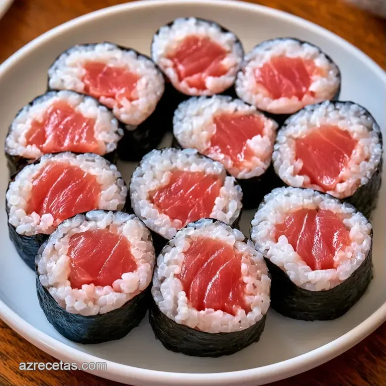 Piezas de sushi dispuestas simétricamente, contrastando el rojo vibrante del pescado fresco y el blanco del arroz.