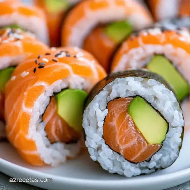 Piezas de maki alineadas en plato oscuro, resaltando el contraste del salmón fresco y el aguacate suave y brillante.