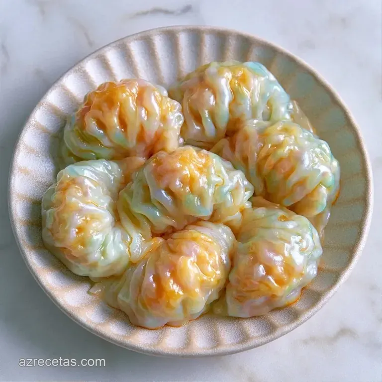 Dumplings transl&uacute;cidos con pliegues precisos adornados con cebollino fresco sobre una fuente minimalista blanca.