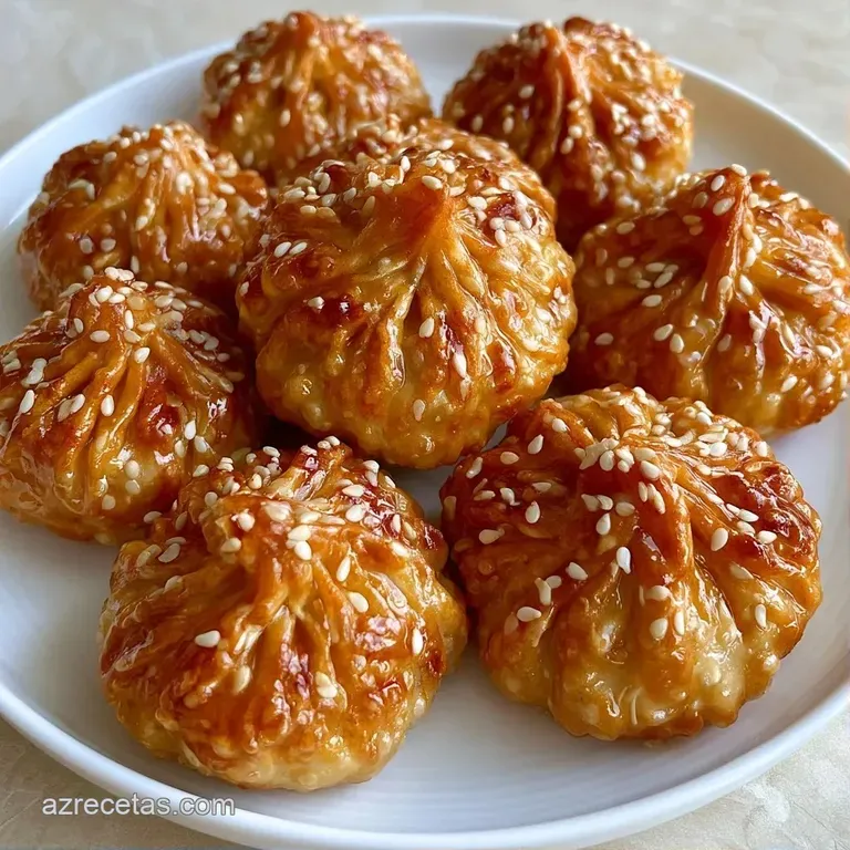 Peque&ntilde;as empanadillas fritas alineadas con gotas de salsa oscura y cebollino fresco sobre cer&aacute;mica gris mate.