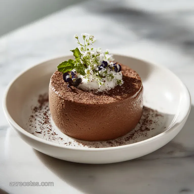 An elegant ramekin filled with glossy chocolate mousse, topped with a sprinkle of cocoa powder and a single raspberry.