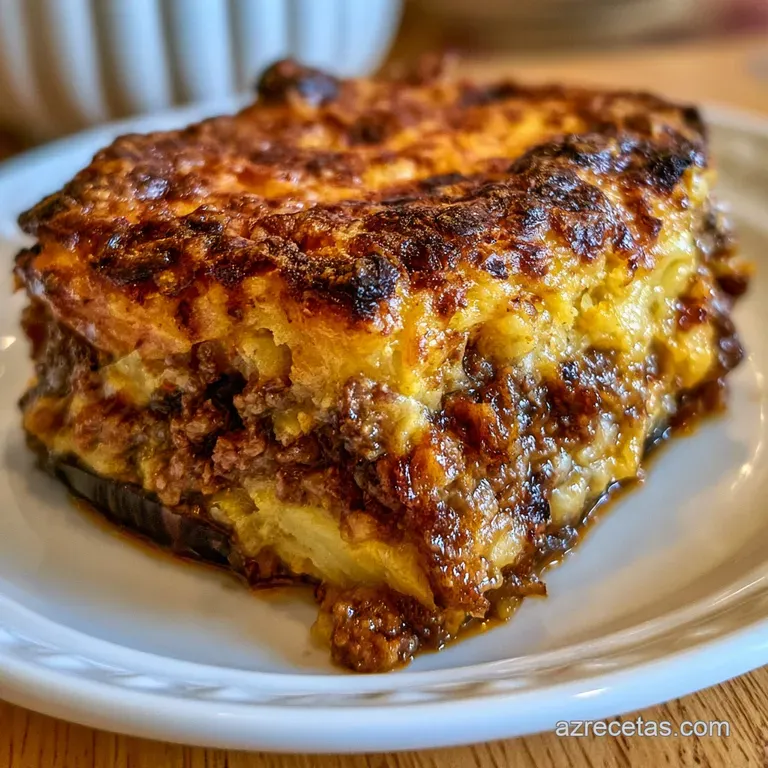 Porci&oacute;n rectangular sobre plato blanco con capas definidas de hortalizas y una salsa cremosa coronada con perejil fresco.