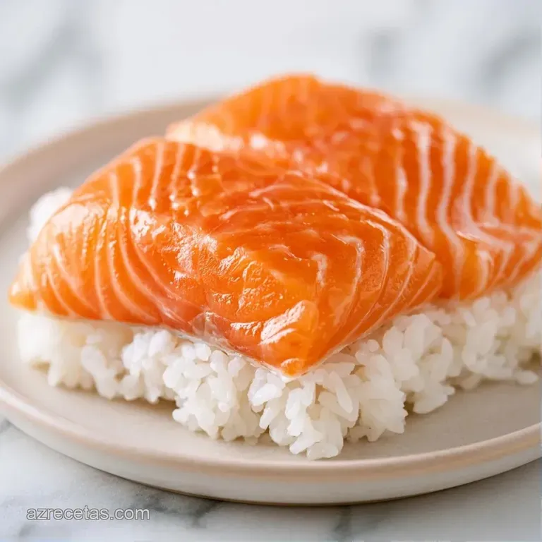 Piezas de sushi alineadas con salmón brillante y graso sobre arroz húmedo, decoradas con wasabi verde y jengibre rosa.