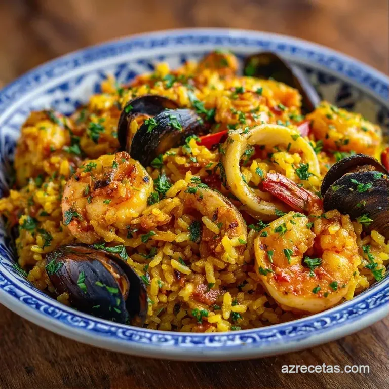 Paellera humeante sobre mantel de lino con mariscos brillantes y granos de arroz amarillos en una mesa iluminada.