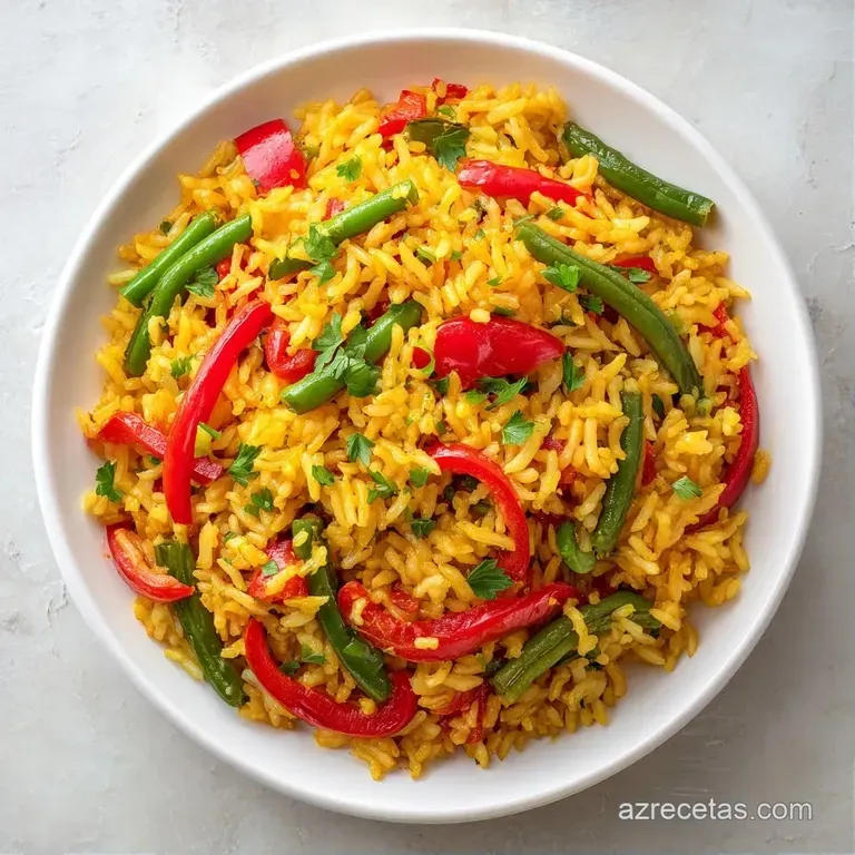 Arroz dorado humeante adornado con mariscos frescos y rodajas de lim&oacute;n sobre una base de metal brillante y r&uacute;stica.