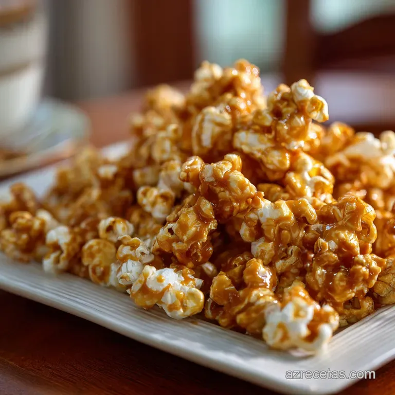 Caramel popcorn overflowing a classic striped paper bag. Warm, inviting, and ready to be enjoyed.