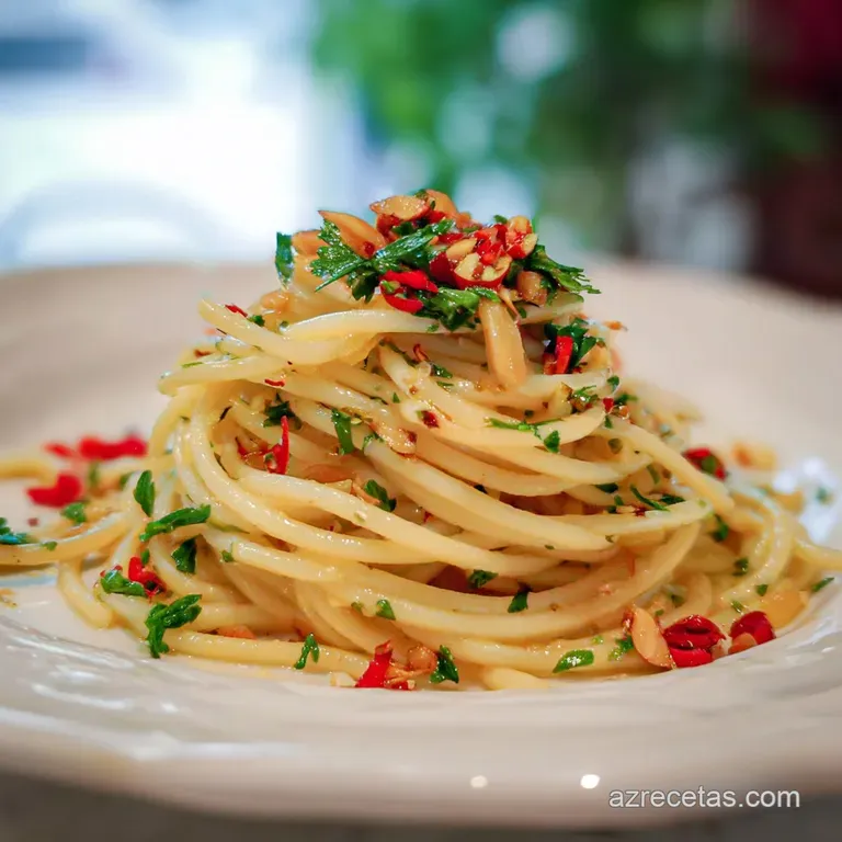 Pasta enrollada en espiral con aceite dorado, trozos de ajo tostado y lluvia de perejil verde en plato de cer&aacute;mica.