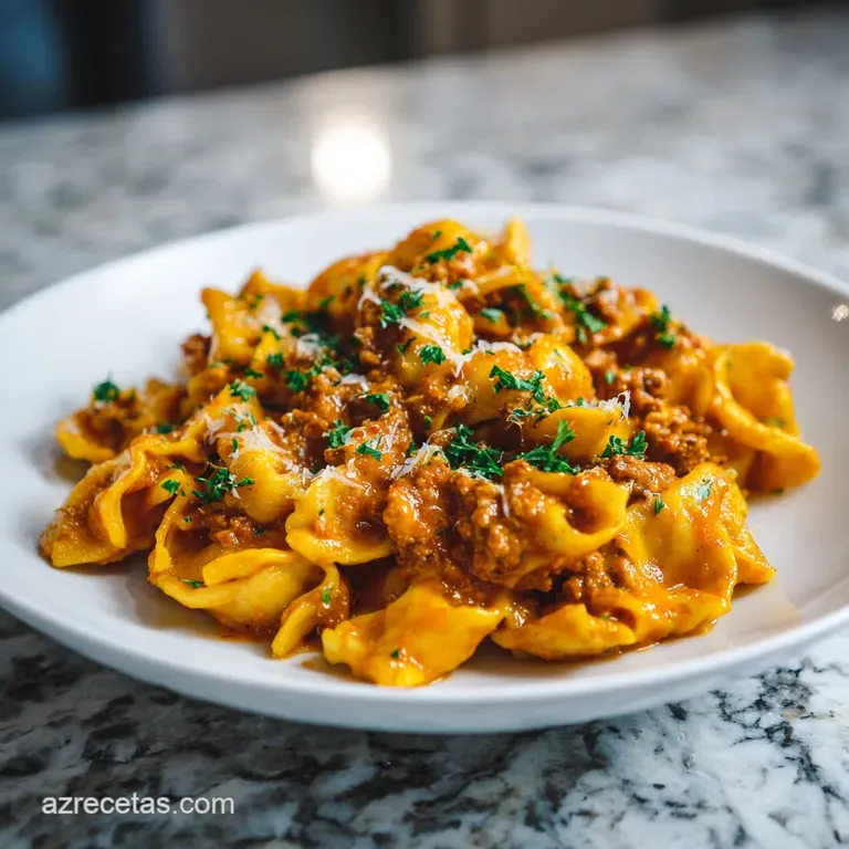 Plated pasta with seasoned ground meat, vibrant sauce coats the strands, a sprinkle of cheese melts on top, parsley garnish.