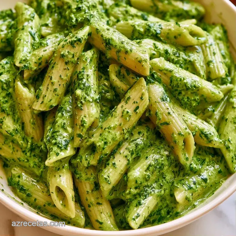 Montón elegante de pasta cremosa adornada con hojas de espinaca fresca y pimienta negra en un plato minimalista.