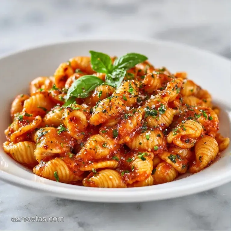 Espiral de pasta cubierta con salsa roja espesa, lluvia de queso parmesano blanco rallado y un toque de perejil fresco.