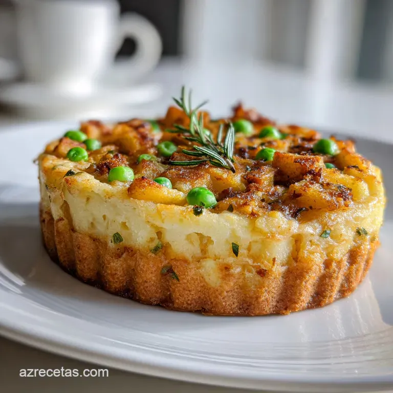 Wedge of meat pie with a perfectly browned crust. Filling of ground meat and colorful vegetables visible. Served on a whit...