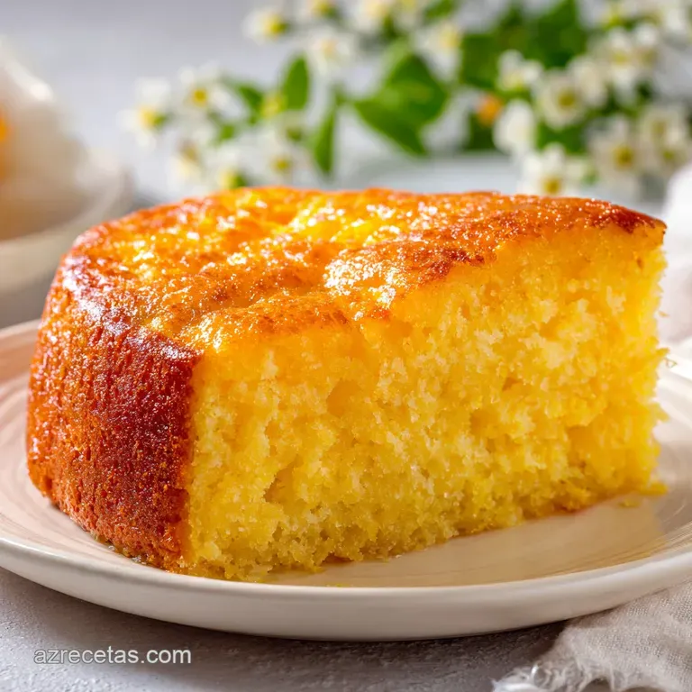 A slice of moist corn cake, its surface glistening, rests on a white plate, dusted with powdered sugar, a warm and comfort...