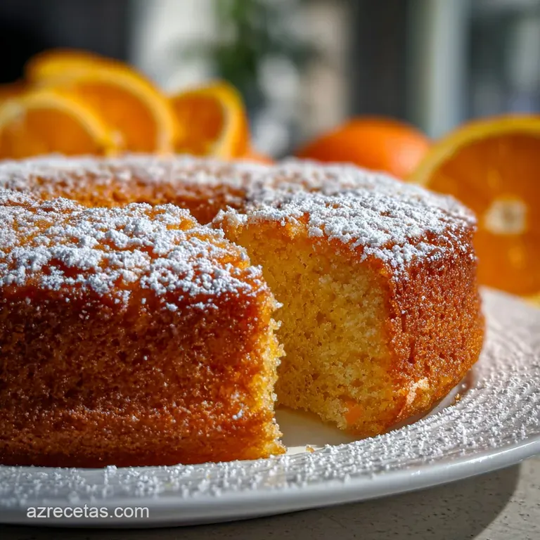 Slice of vibrant orange cake with a tender crumb, glistening with syrup, resting on a white plate. Invitation to savor.