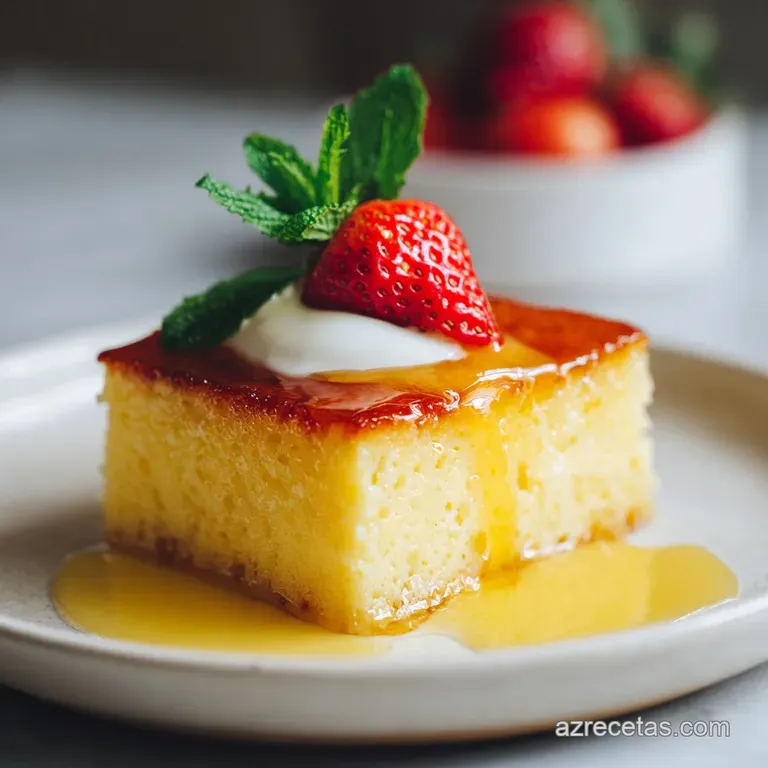 A slice of tres leches cake on a white plate, pooling with sweet milk. Whipped cream peaks and a dusting of cinnamon compl...