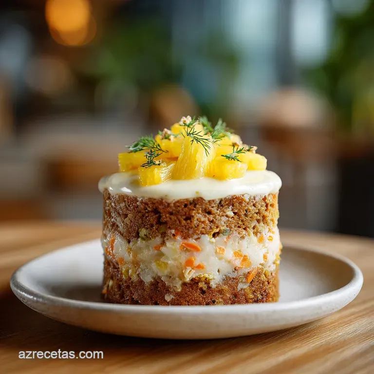 Slice of tender carrot cake with a generous swirl of white frosting. Pineapple chunks & pecans accent the plate. Light & a...