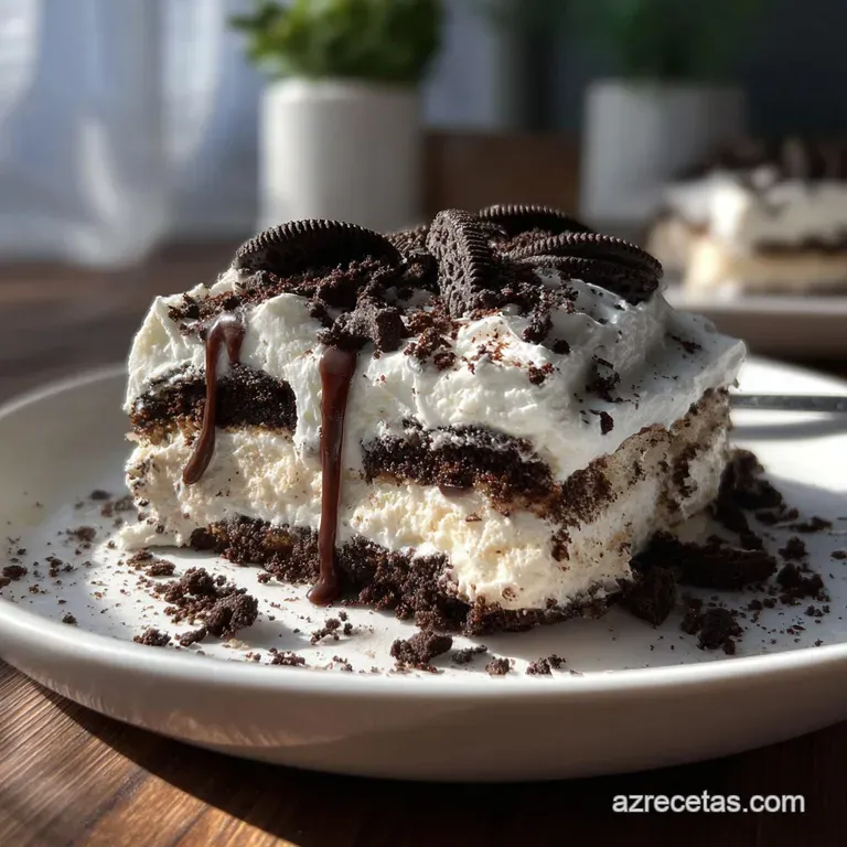 Elegant slice of frozen Oreo dessert showing layers of dark cookies and creamy white filling, sprinkled with cookie crumbs...