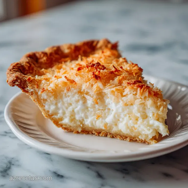 Elegant slice of coconut cream pie on a white plate. Whipped cream swirls and toasted coconut flakes create a tempting des...