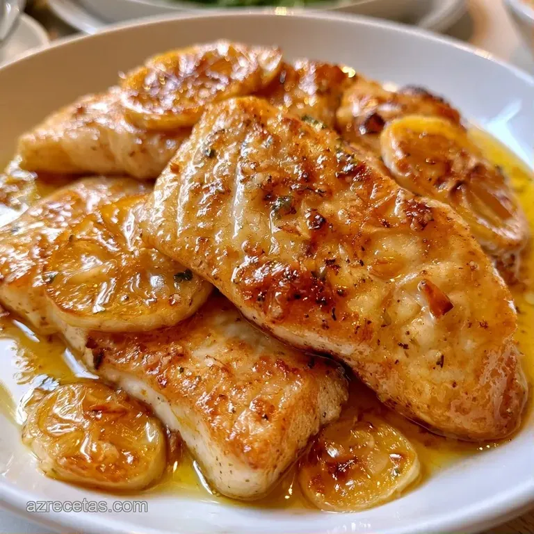 Filetes de pescado crujientes bañados en aceite dorado, decorados con ajo tostado y hierbas en un plato de cerámica.