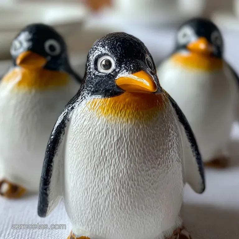 A frosted 'penguin' cake cut in half, revealing the soft sponge and creamy filling. Chocolate drizzle adds a touch of eleg...