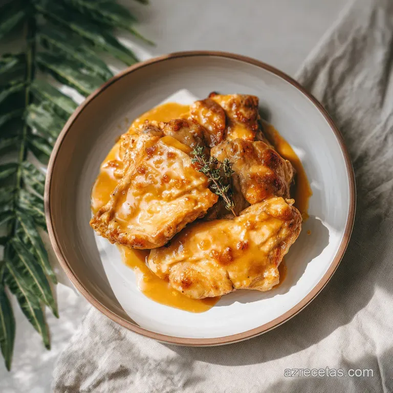 Plated chicken in savory sauce glistens, garnished with bright parsley; accompanied by crusty bread, hinting at a comforti...