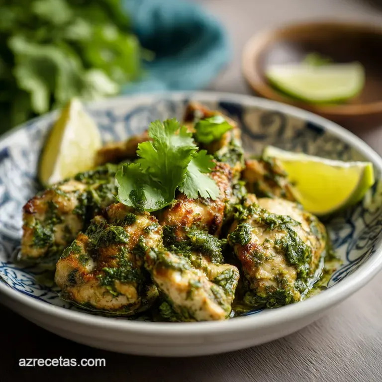 Lemon-cilantro chicken plated with fluffy white rice, garnished with vibrant cilantro sprigs and a lime wedge, glistening ...