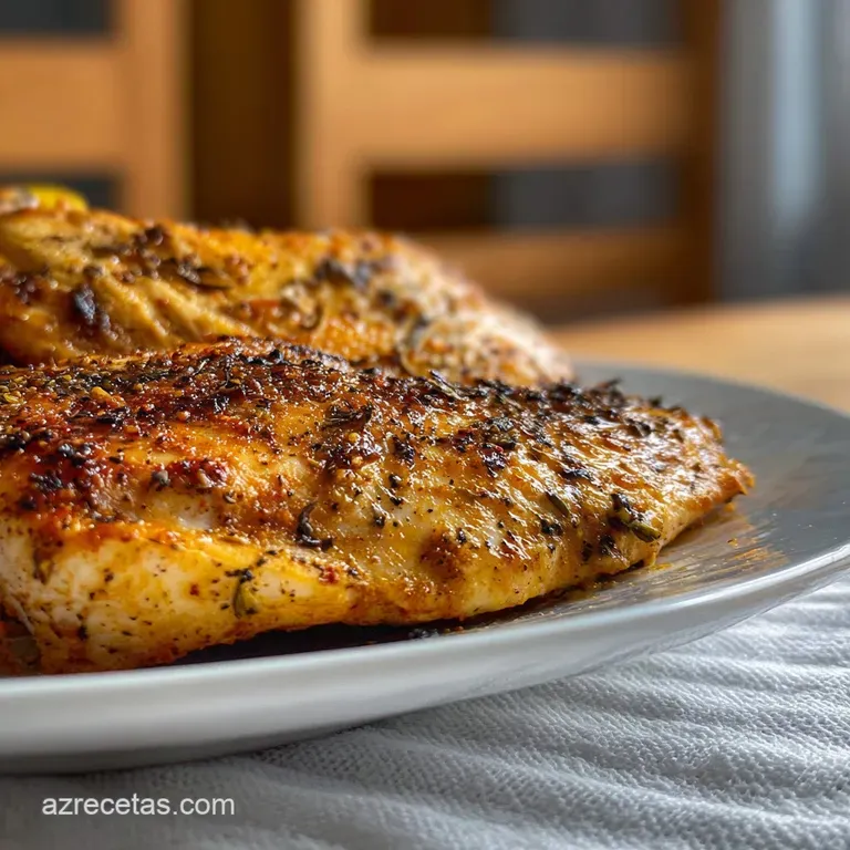 Juicy sliced chicken breast drizzled with bright yellow lemon sauce, beside vibrant green asparagus spears on a clean whit...