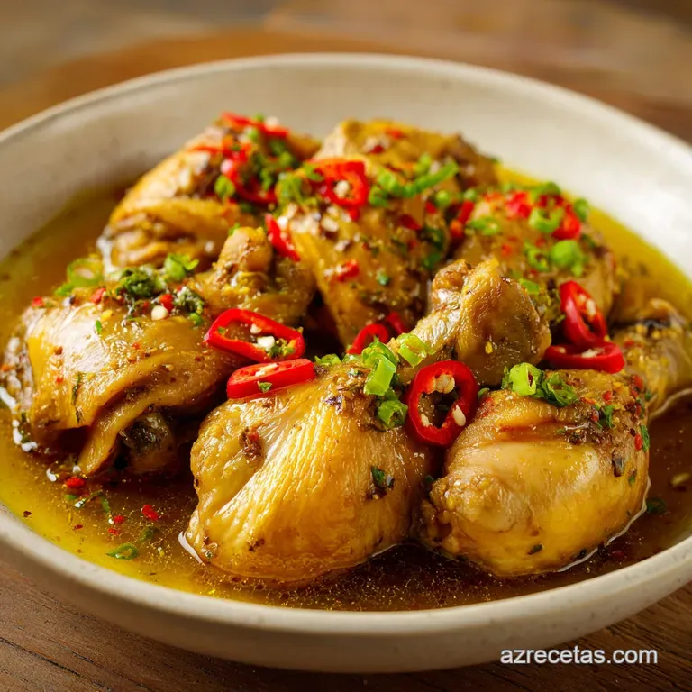 An artful plating of tender chicken bathed in glistening escabeche sauce, garnished with fresh parsley. Elegant and inviting.