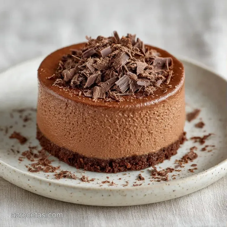 Postre de chocolate cremoso en plato blanco, decorado con hilos de salsa brillante y frutos rojos frescos al lado.