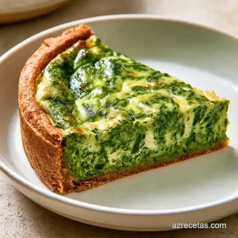 Porción triangular de quiche sobre plato blanco; se aprecia la textura hojaldrada y el relleno cremoso de espinacas.