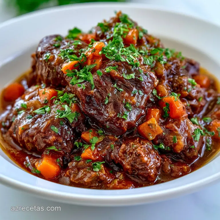 Guiso de ternera brillante y jugoso servido con precisi&oacute;n, resaltando el contraste entre la salsa oscura y el plato.