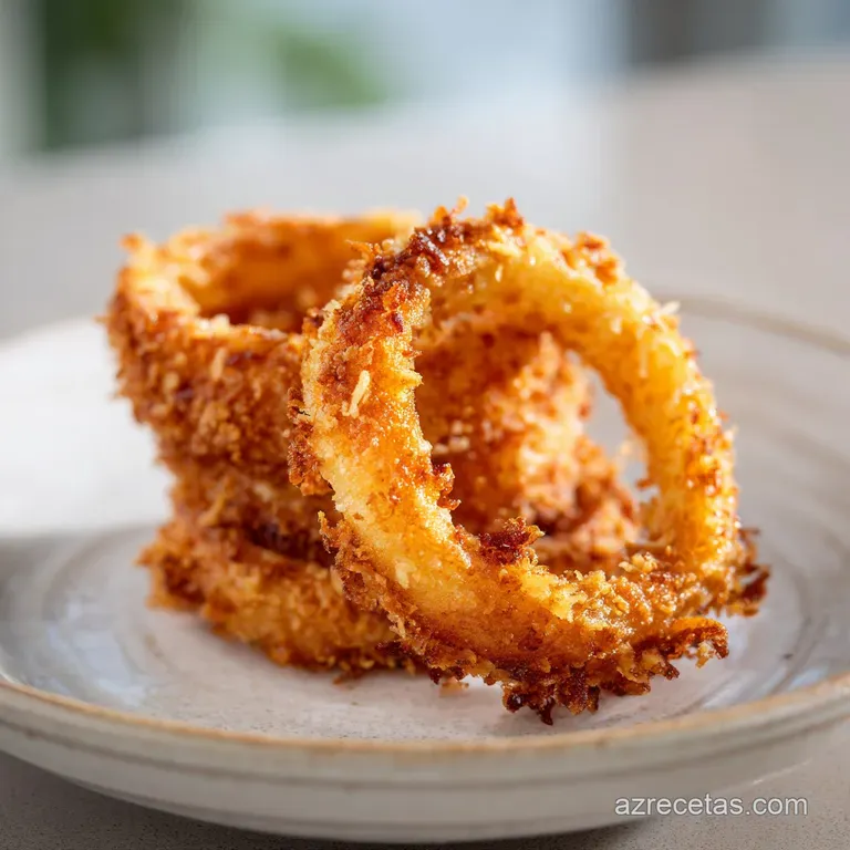 Stack of perfectly golden, crunchy onion rings served in a wire basket, alongside a ramekin of cool, creamy dipping sauce.