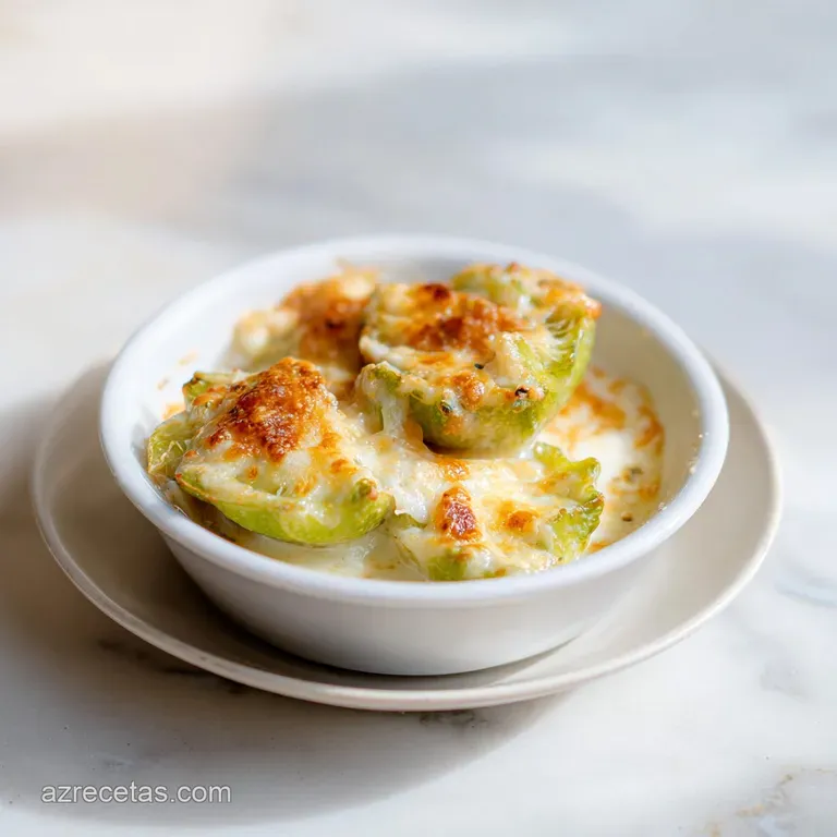 Single stuffed chayote, sauced and sprinkled with green herbs, sits on a white plate. Steam rises, hinting at a savory, wa...