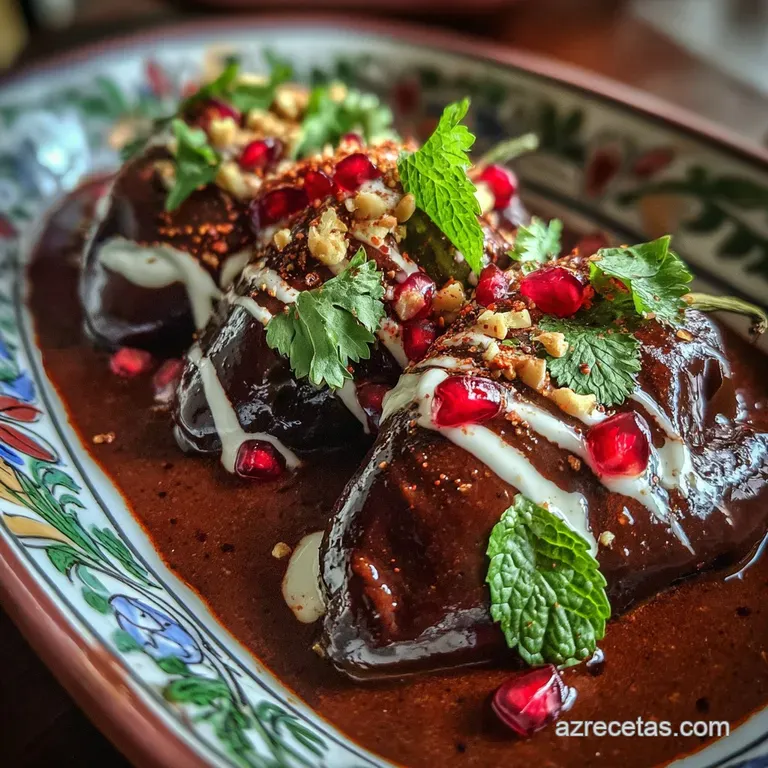 Elegantly plated Chile en Nogada, showcasing the poblano pepper's dark green skin and the rich, creamy walnut sauce cascad...