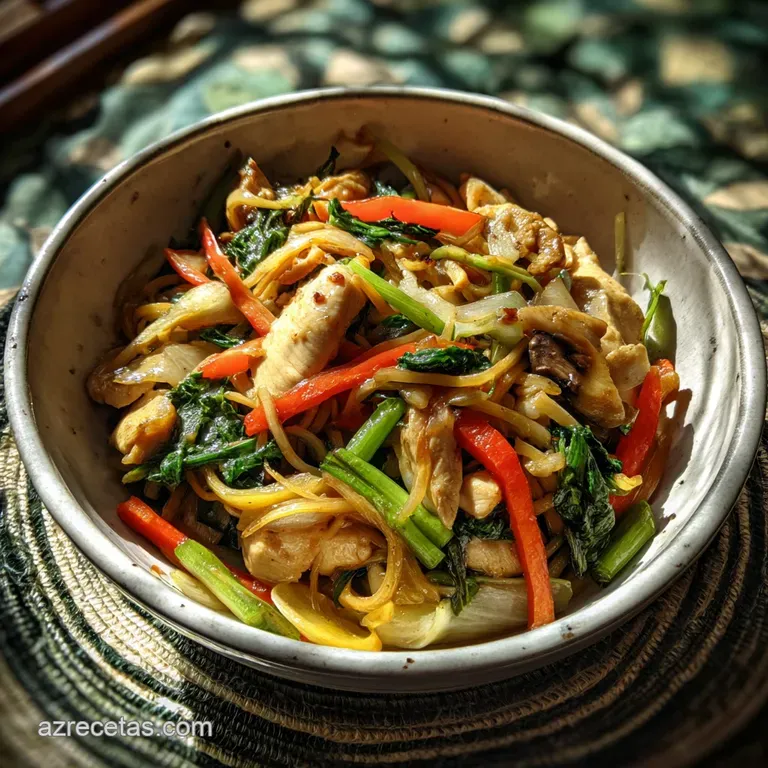 A neatly plated serving of chop suey; the colorful vegetables contrast against the glossy, dark sauce and white plate. Gli...