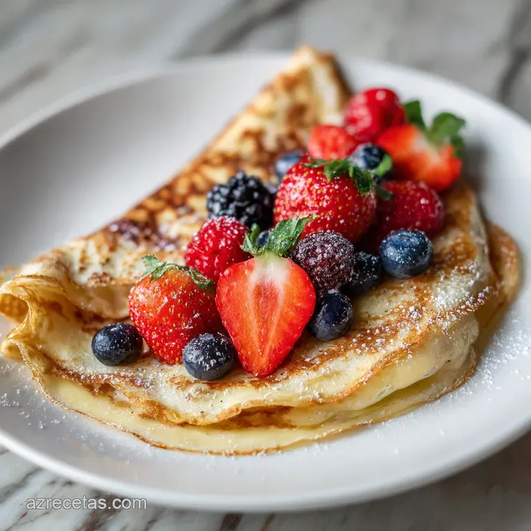 Thin, rolled crepe filled with bright red strawberries and whipped cream, elegantly arranged on a white plate.