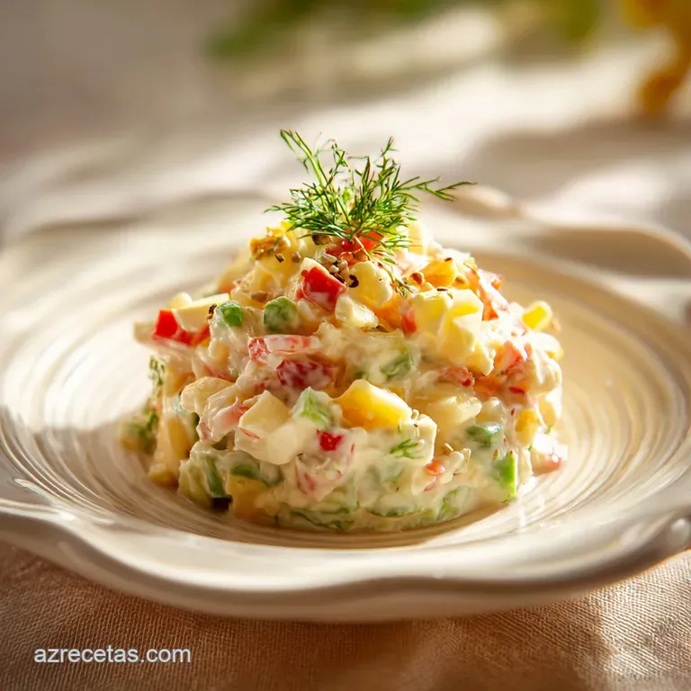 Neatly plated Russian salad. Creamy, cool, and dotted with colorful vegetables, creating a fresh and inviting appetizer.