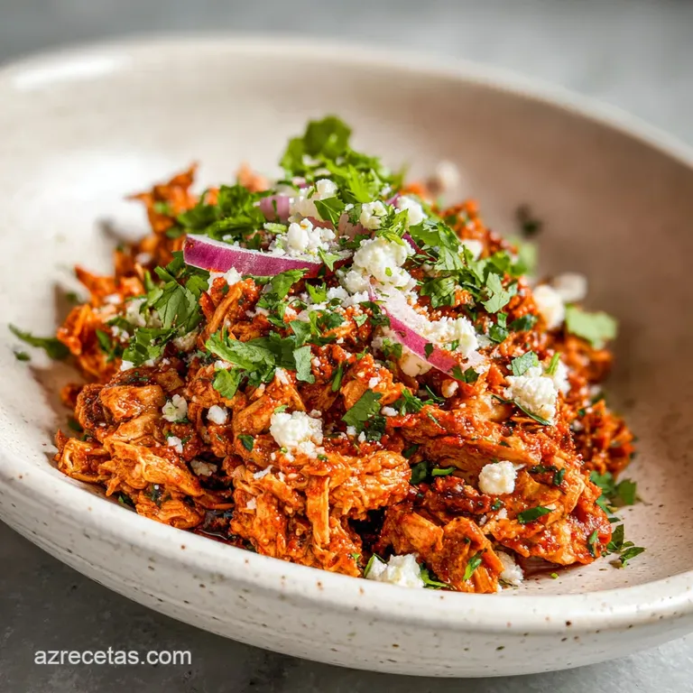 Plated tinga de pollo: Rich, smoky chicken piled high on a golden tostada, topped with creamy avocado and salty queso fres...