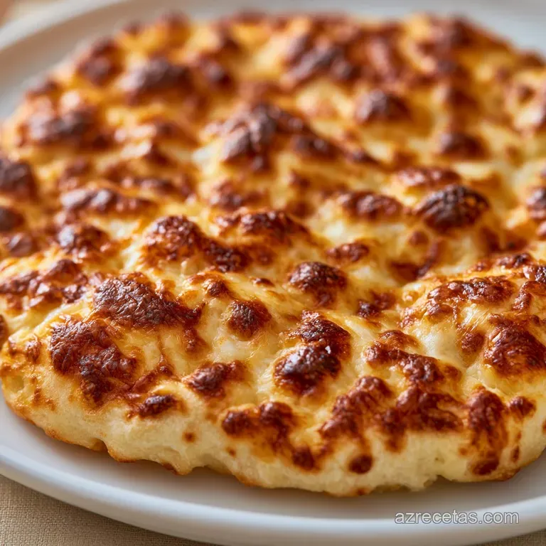 Base de pizza circular con bordes inflados y tostados, mostrando burbujas doradas y una textura crujiente y aireada.
