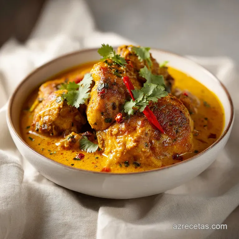 Sleek white plate showcasing a generous scoop of creamy coconut curry, topped with toasted almonds and a lime wedge.