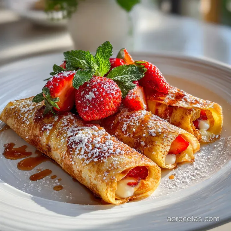 Elegant crepe rollitos plated with fresh strawberries and a delicate dusting of powdered sugar, tempting and delicious.