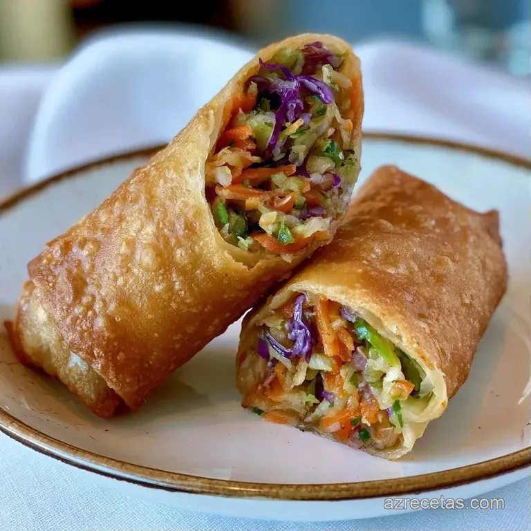 Montaje elegante de cilindros dorados y crocantes sobre plato negro, decorados con cebollino y s&eacute;samo tostado.