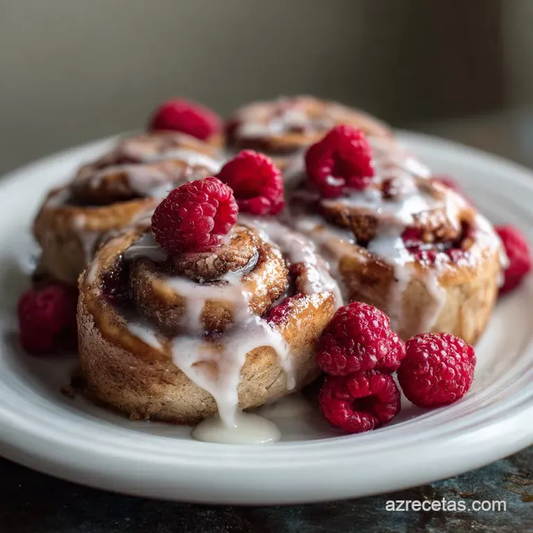 Two raspberry cinnamon rolls on a white plate, dusted with powdered sugar, next to a pitcher of glistening glaze. Light an...