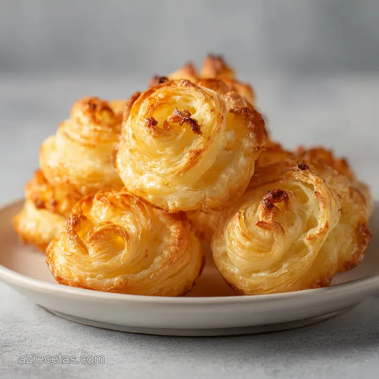 A neat stack of delicate puff pastry swirls, lightly browned and dusted, resting on a white plate.