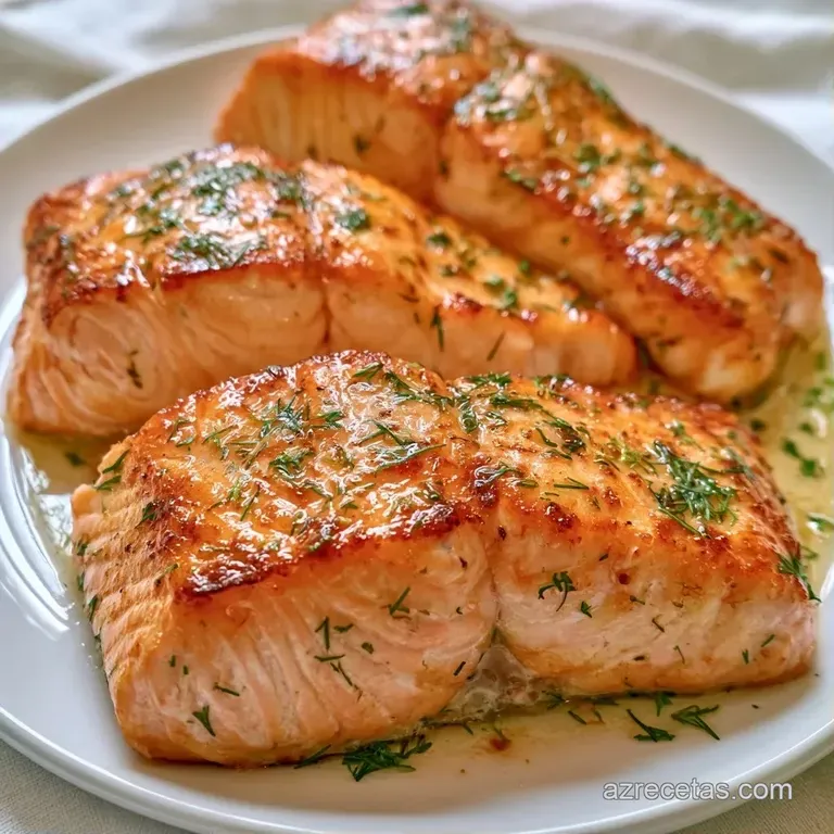 Trozo de salmón jugoso adornado con una rodaja de limón amarillo y hojas de perejil fresco sobre salsa cremosa blanca.
