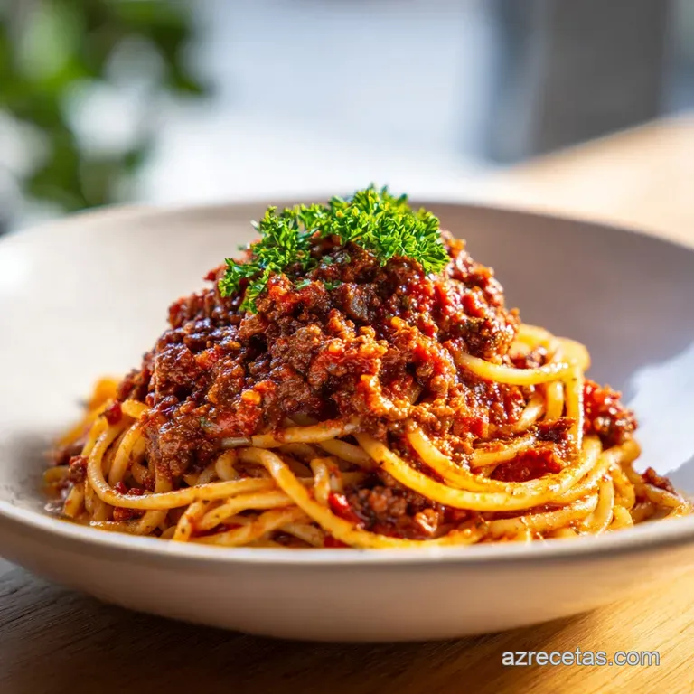 A swirl of al dente pasta smothered in chunky bolognese, garnished with grated Parmesan and fresh basil, a comforting Ital...