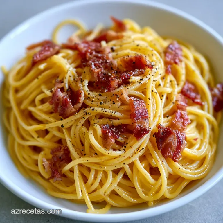 Pasta enrollada en nido con salsa cremosa y brillante, decorada con lluvia de queso blanco y trozos crocantes de carne.