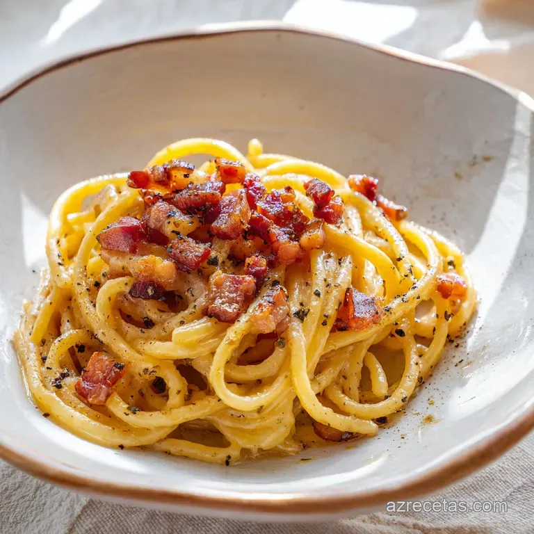 Pasta dispuesta en un nido central sobre plato blanco, ba&ntilde;ada en salsa sedosa con trozos de carne tostada y brillante.