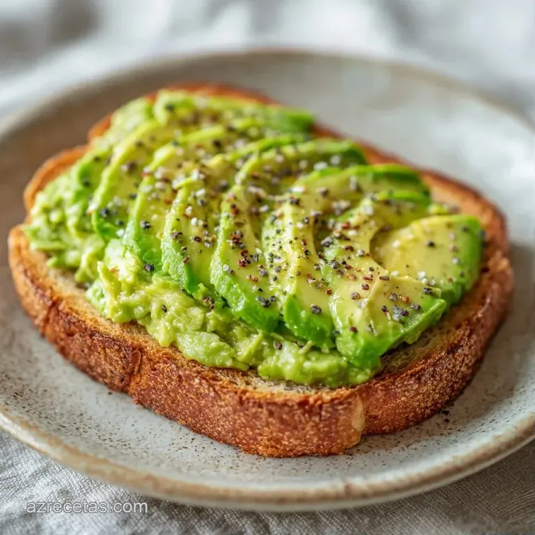 S&aacute;ndwich abierto sobre plato blanco, resaltando el verde intenso del aguacate machacado y el crujiente pan artesanal.
