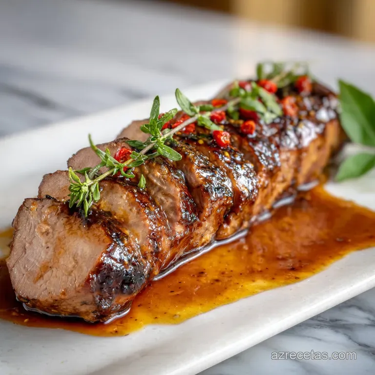 Pork medallions bathed in luscious brown sauce, artfully plated with sprigs of rosemary and a bright lemon wedge on white ...